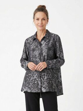 Vintage Chico's Blouse Gray Floral Button Up Silk Goth Grunge Minimalist 2(L)